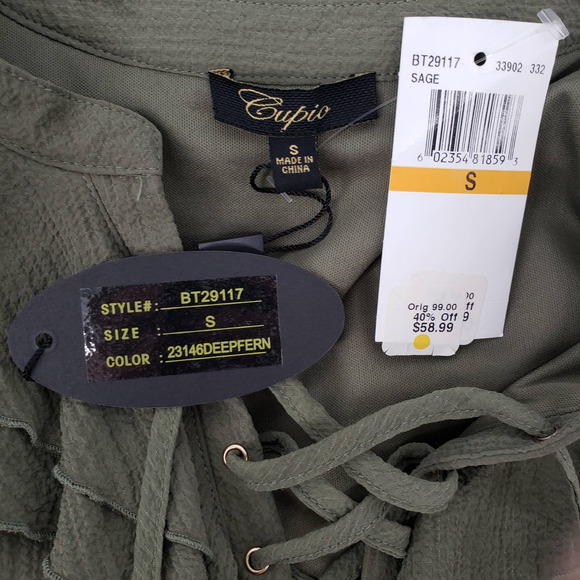 3/$25 Cupio High Low Dress S Ruffle Trim Lace Up V Neck A Line Green NWT - Picture 5 of 13